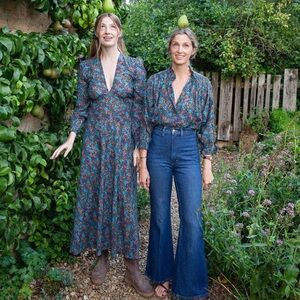 Doen Charleston Cotton V Neck Long Puff Sleeve Maxi Dress Navy Bird Floral